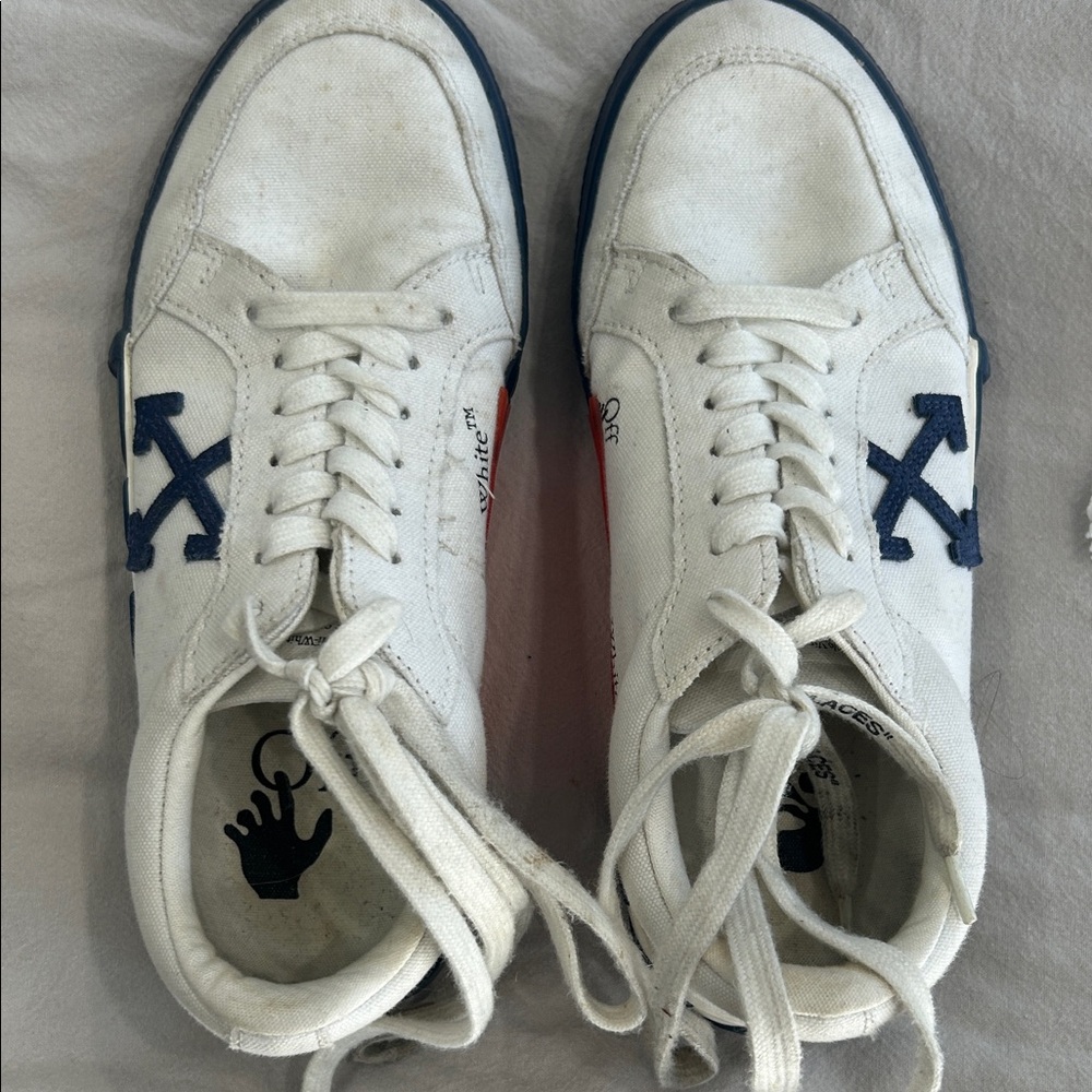 Off White Navy Blue Men's Canvas Vulcanized Sneakers 38 8